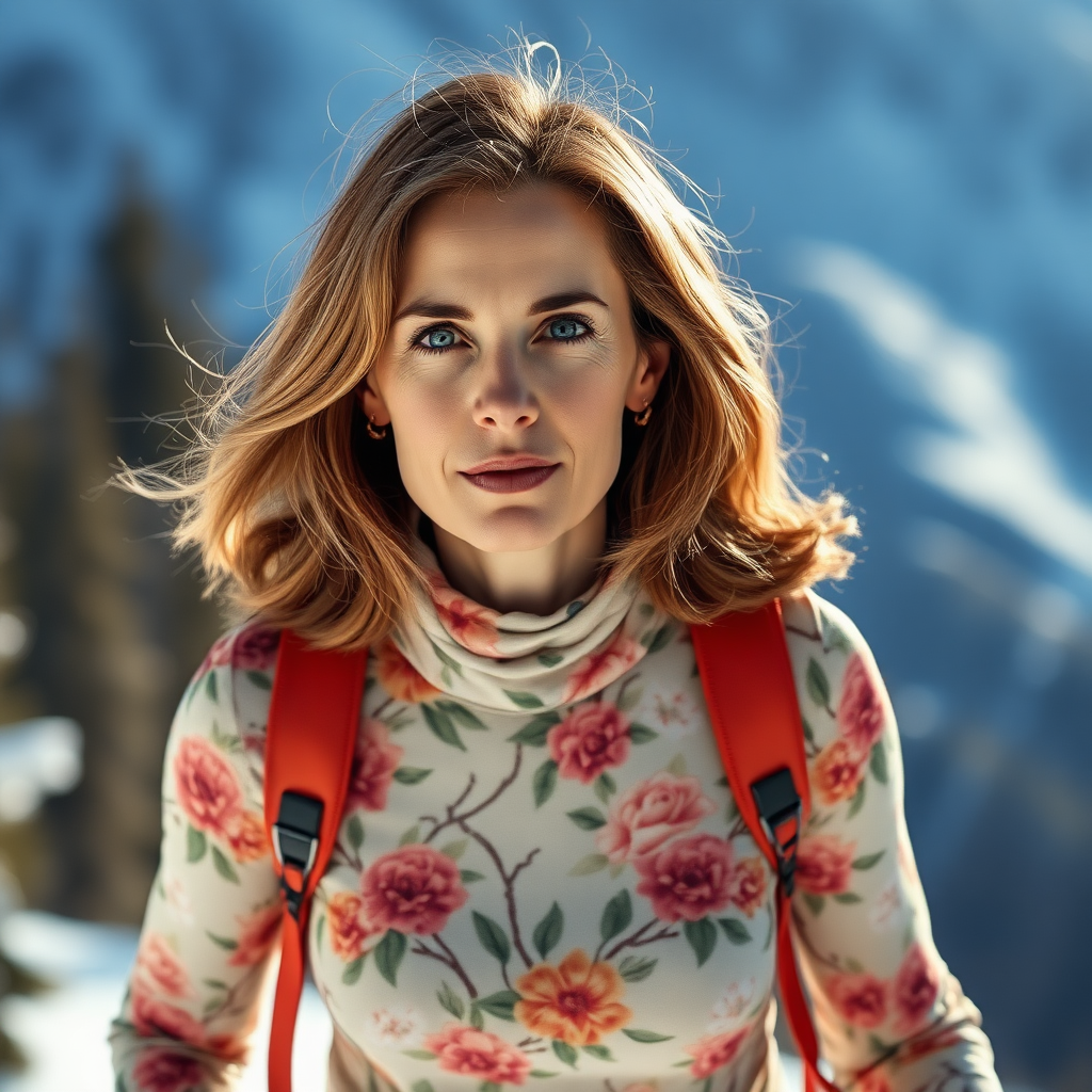 middle-aged woman, brown hair, shoulder length, blue eyes, slim, small, wearing a flower-pattern dress, skiing down a mountain.