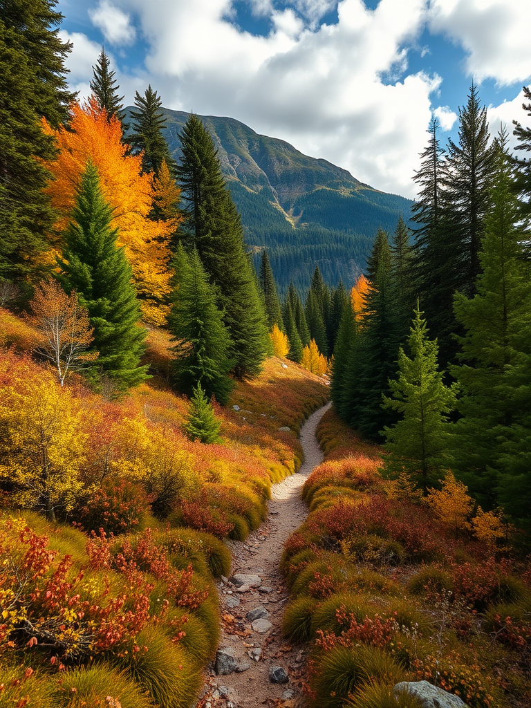 Autumn Forest with alpine vegetation with path, sky with clouds in high definition