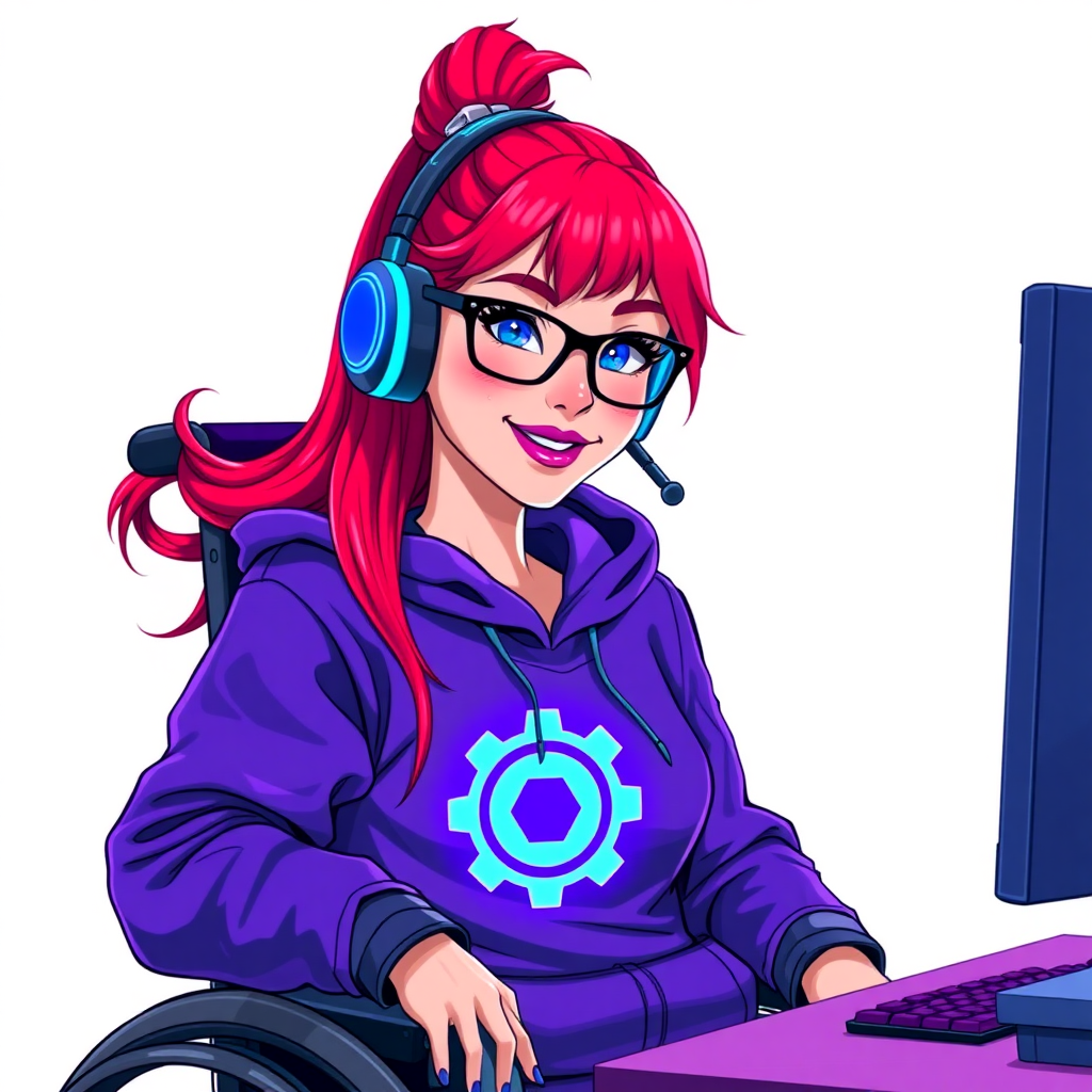 A nerdy, 29-year-old tech genius in a wheelchair, with a long neon red ponytail. She wears maximum purple lipstick, bright blue eyes, and a maximum purple hoodie featuring a neon purple glowing cog chest icon. She sports a charoite headset, black eyeglasses, and a lovestruck smile with neon red blush. She serves as her corrupt Cyberpunk CEO boyfriend's tech expert from his corporate safehouse, diligently working at her lab table and computer desk. The background is solid white. She is drawn as if she was in a retro 2D cyberpunk fighting game.