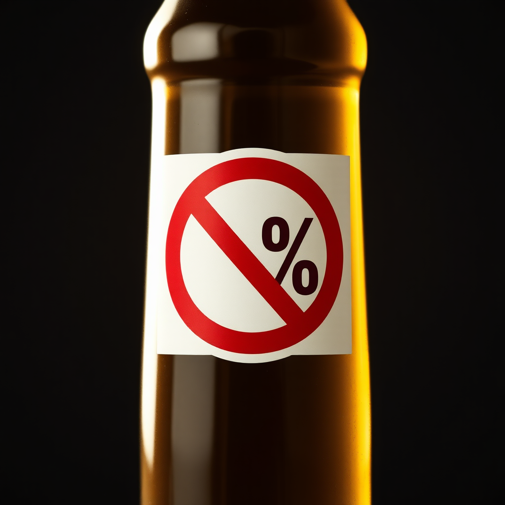 A photo of a beer bottle with a sticker of percent symbol crossed in a red circle, photorealistic