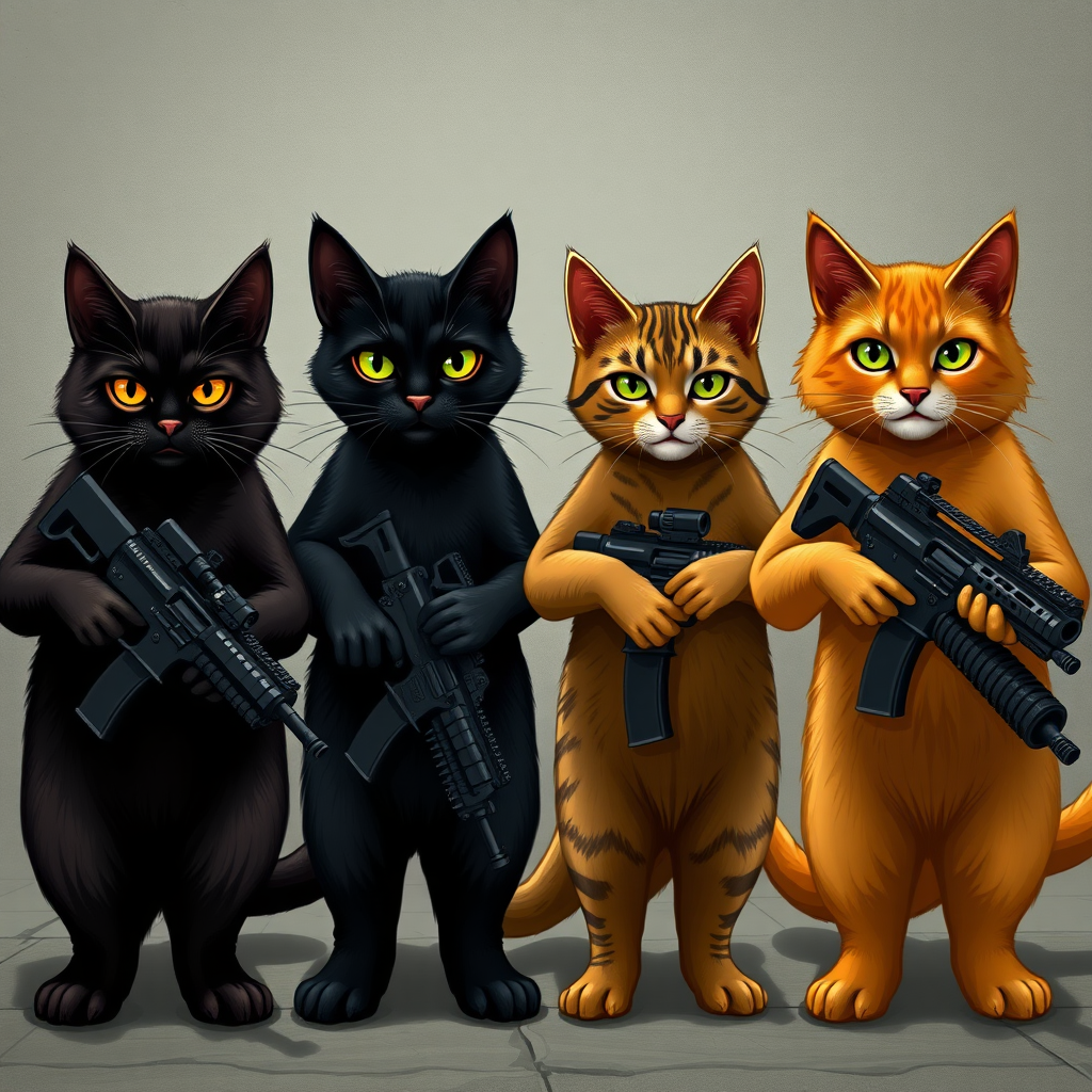 1 dark brown cat, 1 black cat, 1 brown cat, and 1 orange cat who are in an armed gang.