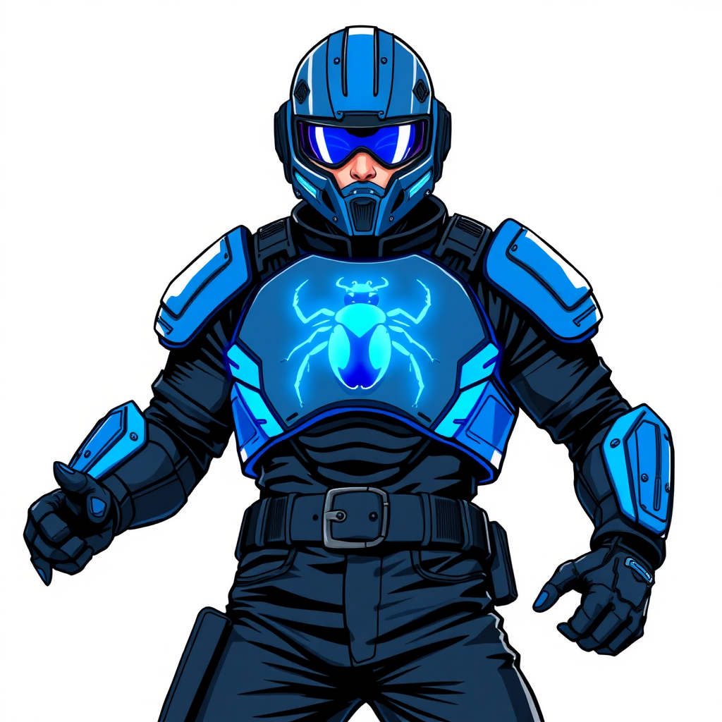 A young adult cyberpunk vigilante stands heroically, clad in high-tech, maximum blue body armor featuring a neon blue glowing beetle on the chest. They wear black biker pants, a black belt with a sapphire beetle buckle, and a helmet resembling a sleek, tactical design, but colored maximum blue with neon blue glowing lenses. Their hands are protected by black metal gloves, all set against a solid white background. He is drawn as if he was in a retro 2D cyberpunk fighting game.