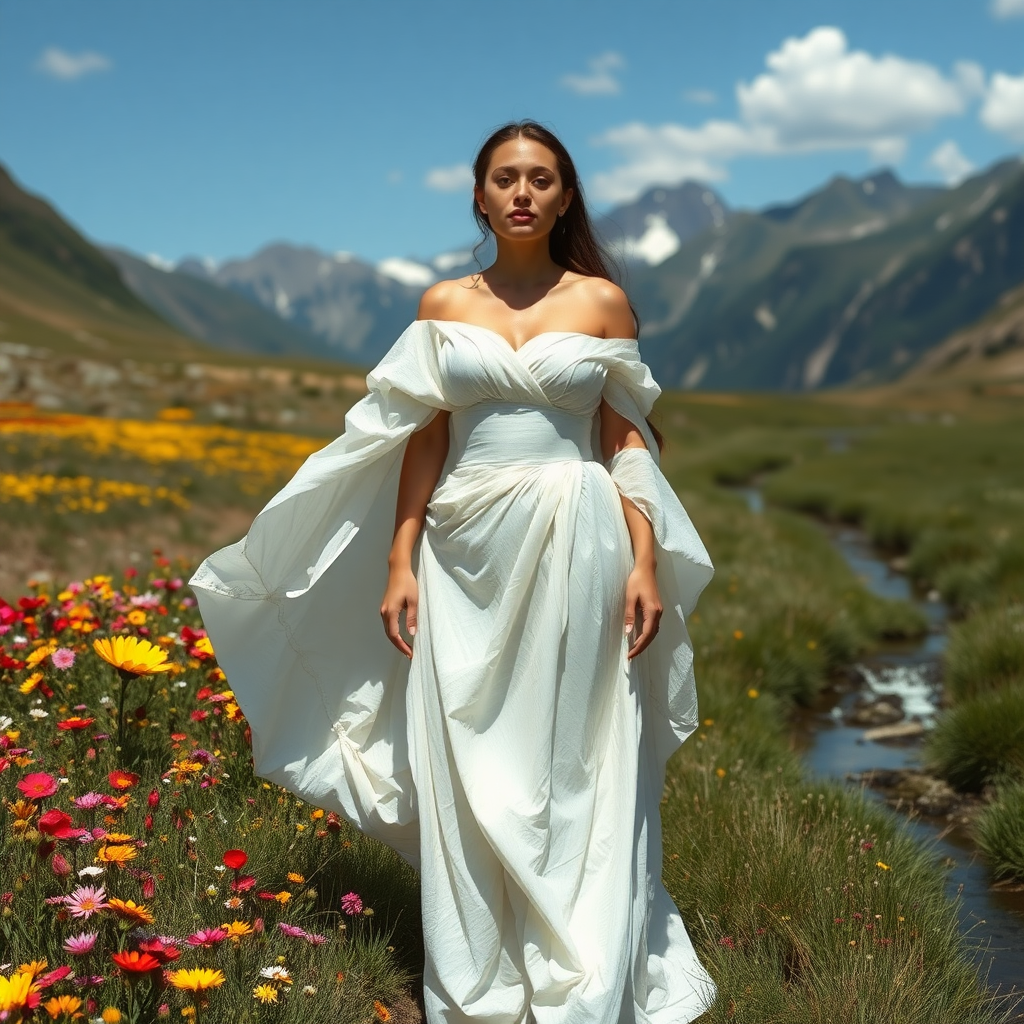 A person with an exaggerated chest, in a flowing gown made of Saran wrap. She is standing in a field of wild flowers, with mountains in the background. A stream is running through the field.