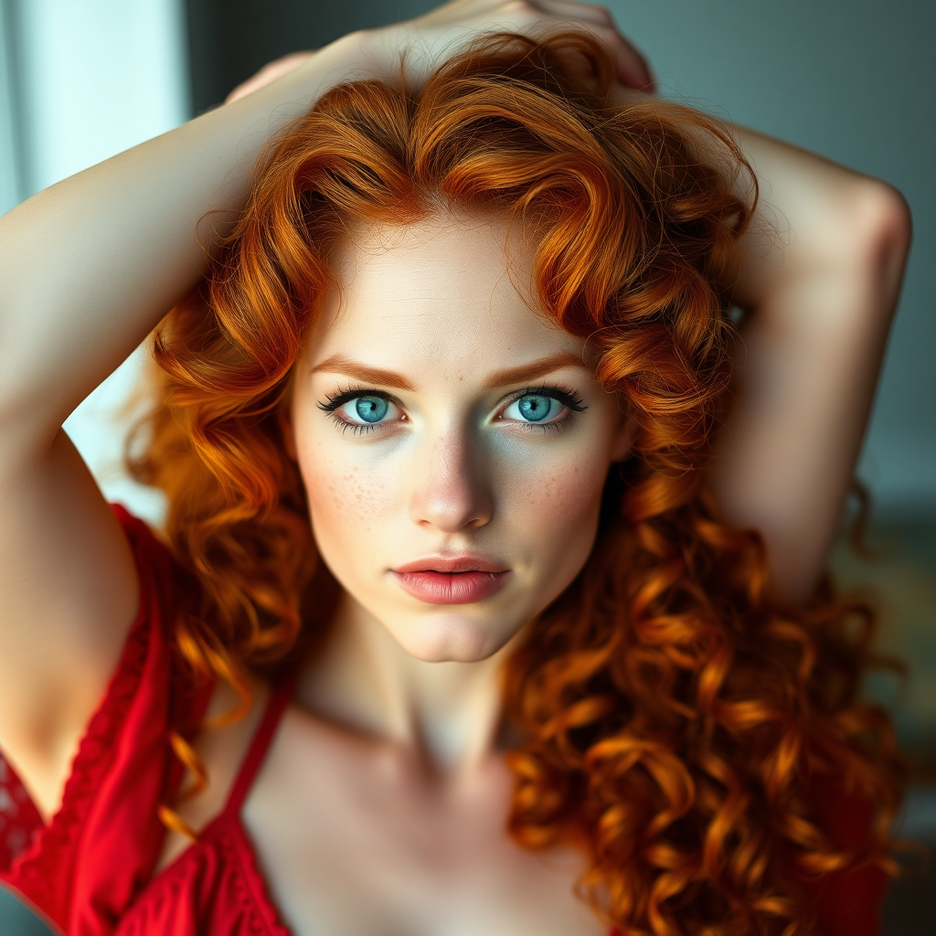 Photograph of a beautiful, pale skinned, lightly freckled woman with volumized, curly red hair and crystal blue eyes. She's got a stunning figure and is facing the viewer with her arms up over her head.