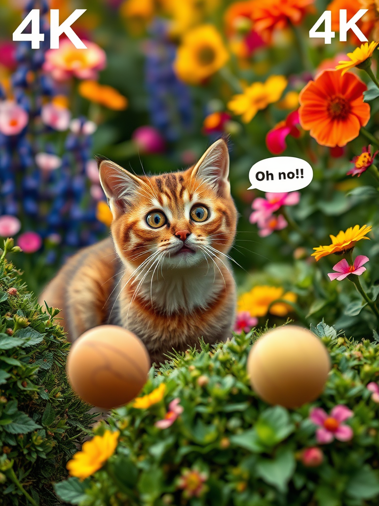 A realistic 4K scene featuring a Brown Cat with a surprised expression as a ball rolls toward a bush. The cat is exclaiming, 'Oh no!' The setting is a colorful garden filled with vibrant flowers and lush greenery, capturing the playful and slightly worried moment.