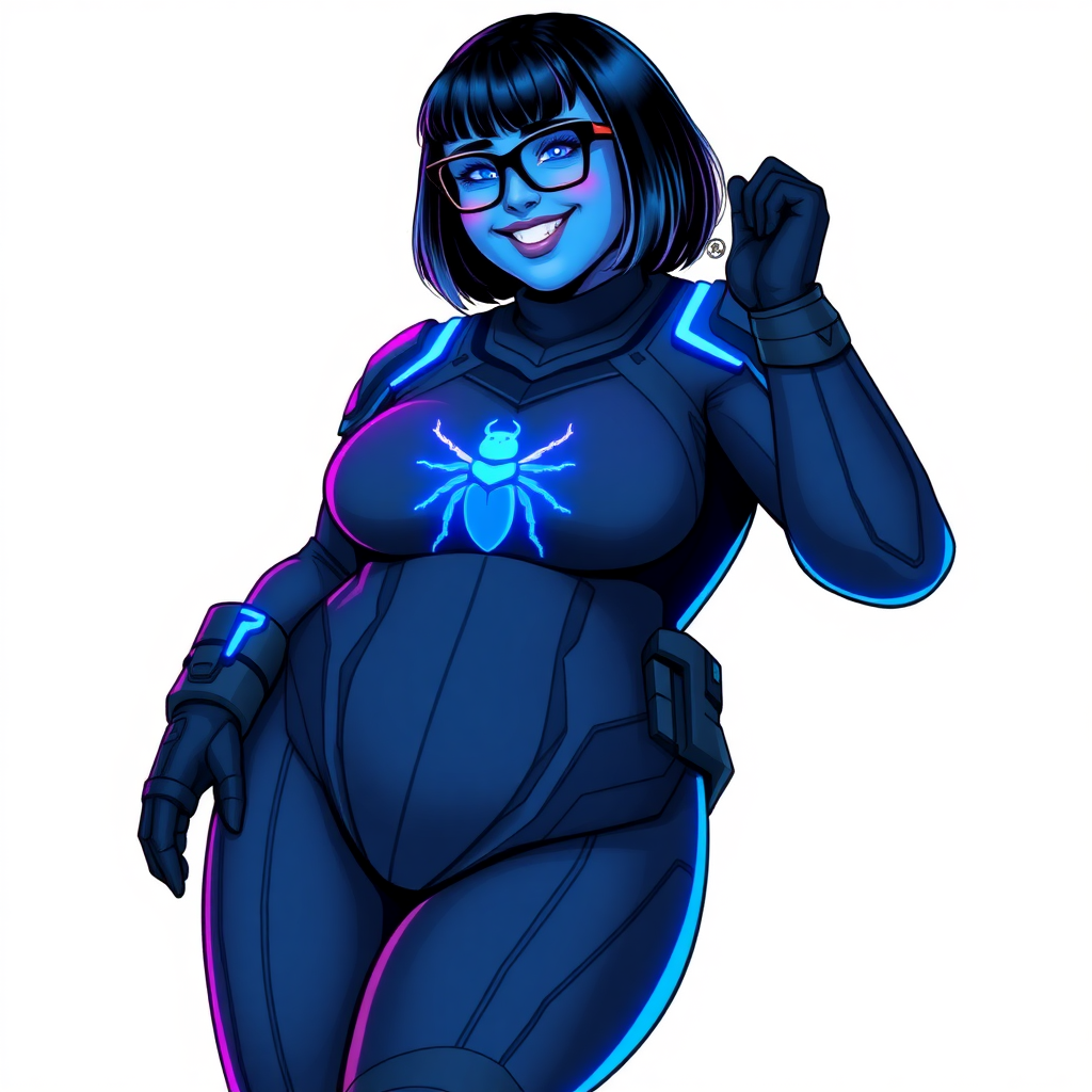 A 28-year-old full figured, computer science major, now transformed into a full figured, nerdy digital sidekick for her cyberpunk vigilante boyfriend, with maximum blue skin. She is clearly non-athletic, with her full figure. Her bob cut seamlessly blends with her skin, appearing to merge together as computer data, and her neon blue eyes glow intensely. Her full figure is defined by a prominently, round, gargantuan midsection, sequoia-sized limbs, and broad shoulders. As a loyal and supportive sidekick, she plays a crucial role in their missions, using her digital skills to assist and protect.

She wears a digital, computerized maximum blue bodysuit which blends with her hair and skin (appearing to merge together like computer data), all are colored maximum blue. The bodysuit has a neon blue chest icon of a beetle, along with matching high-tech gloves. She bashfully giggles with a neon red blush, emitting neon blue data cubes from her body, set against a solid white background. Heavily pampered by her doting boyfriend, her full figure (especially her prominent, round, gargantuan midsection) clearly shows this care. She has the ability to hack into computers and machines, and her nerdiness is blatantly obvious with her black oversized eyeglasses. Her full figure (especially her prominent round gargantuan midsection) is prominently displayed and heavily emphasized. Her outfit is influenced by DC’s Jennifer Knight Phantom Lady but remains distinct. She is drawn as if she was in a retro 2D cyberpunk fighting game. Ensure her skin color is distinct from Inside Out's Sadness and any other character. Ensure she doesn't resemble The Power of Surge's Debra or any other character. Ensure her midsection is round. Her proportions are bloated to emphasize her non-athletic, full figure. She is clearly non-athletic, with heavy emphasis on her full figure and prominent, round, gargantuan midsection.