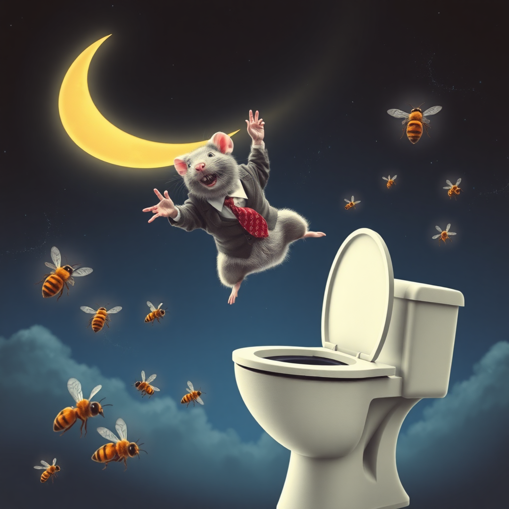 A rat politician diving off the moon into a toilet, bees, 70s musical movie poster, no text