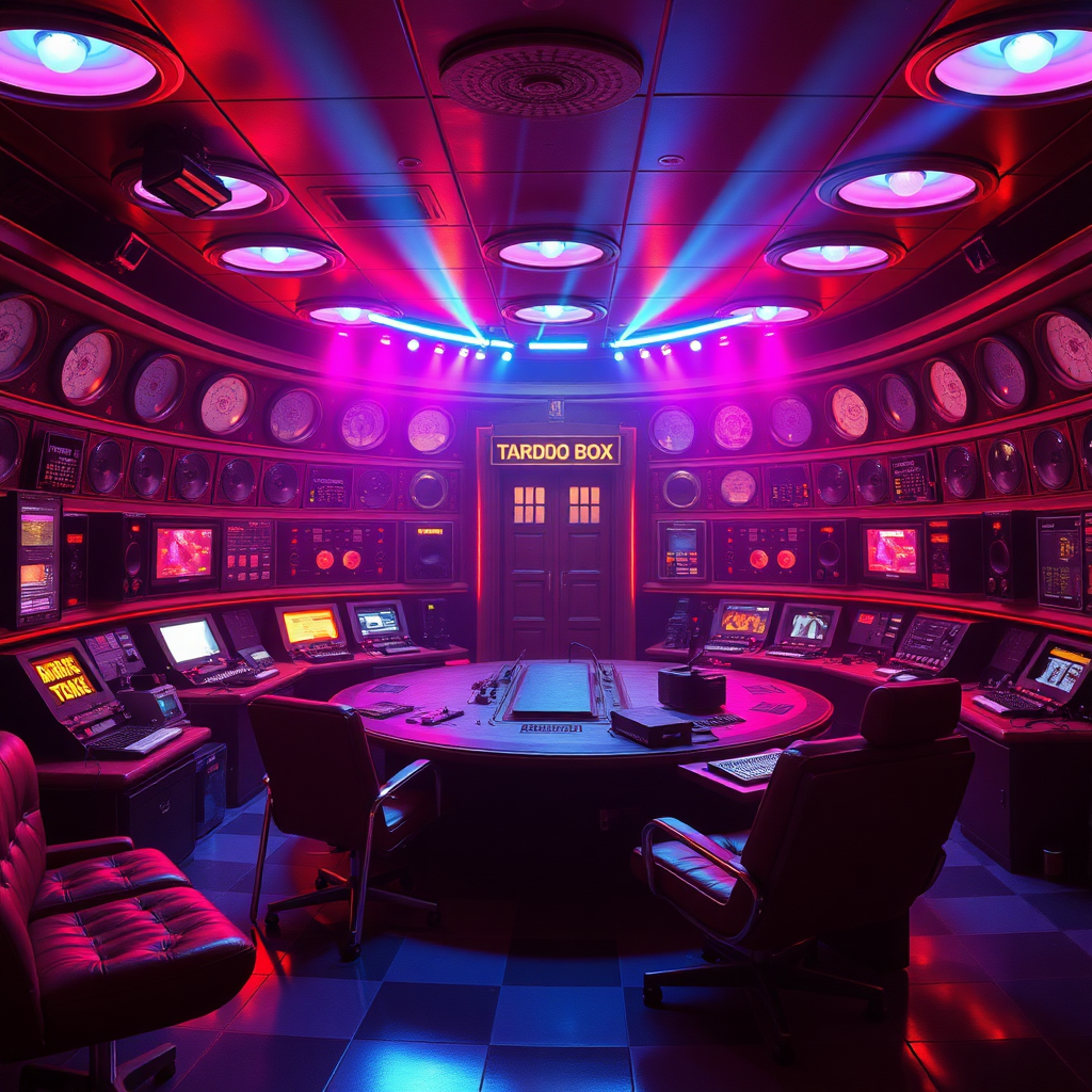 tardis control room in the style of 1970s disco