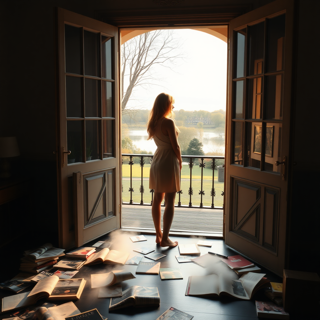 a young woman standing in the door frame of an open terrace door and looking outside to a beautiful park with a lake and trees. she is wearing a simple dress and is barefooted. long brunette hair with highlights. on the floor behind her in the room there are many disrupted books and magazines. warm light outside, darkness inside. the books and magazines slowly disappear fog on the ground of the room. sun on the ground level terrace. no fence or handrail. photo