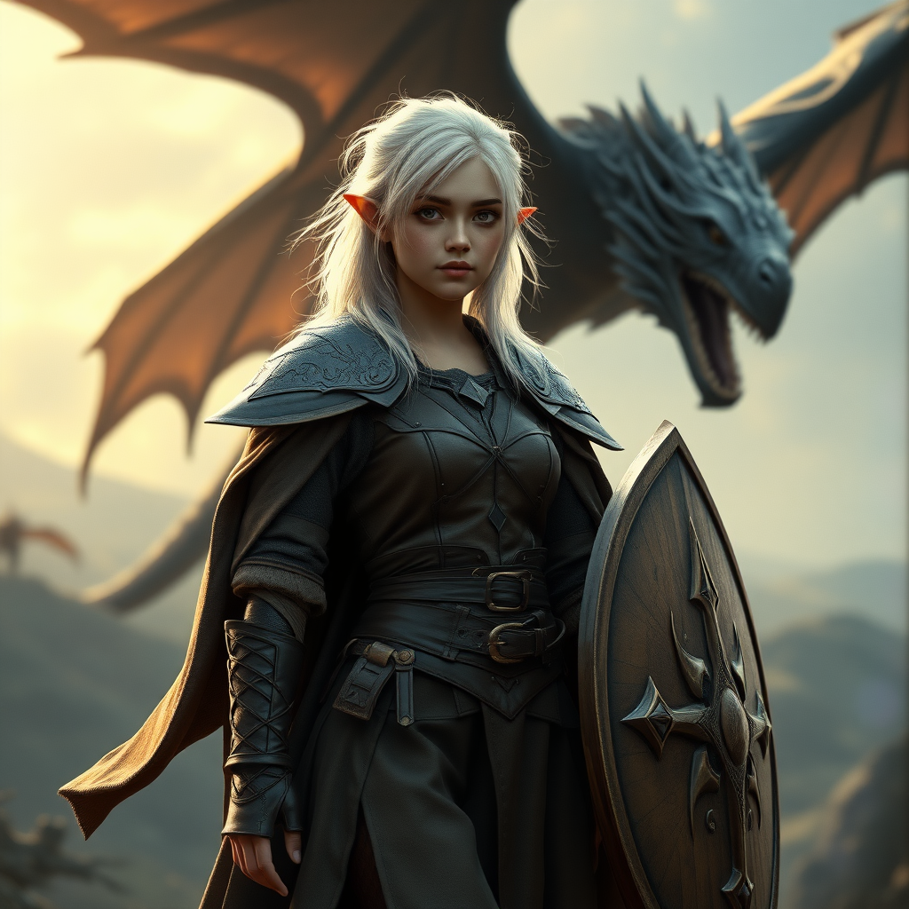 A twenty-something elf girl like (Ana de Armas). Messy shoulder-length white hair. Wide triangular shoulder pads, flowing cloak, leather armor, shield, skirt, high heel ankle boots. Dragon flying in the background. WLOP style. Photorealistic digital matte painting, highly detailed, film grain, lens flare, chromatic aberration.