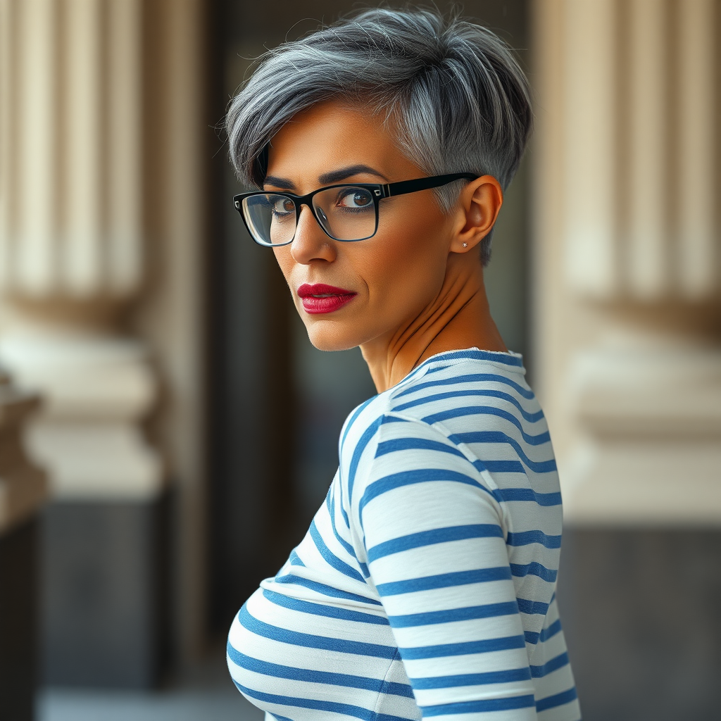 sexy Woman, 35 Years old, European, Latina, sharp aquiline nose, wrinkles, high cheekbones, Middle Eastern, Skinny, Tanned skin, Dark light skin, Makeup, Serious face, frowning, smirking, Ash dark grey hair, bowl haircut, Slicked short hair, Short hair, black eye color, Glasses, detailed features, tight white and blue striped shirt, bra line, tight jeans, long legs, high heels sandals, White hair, walking, full body, long establishing shot, side back view