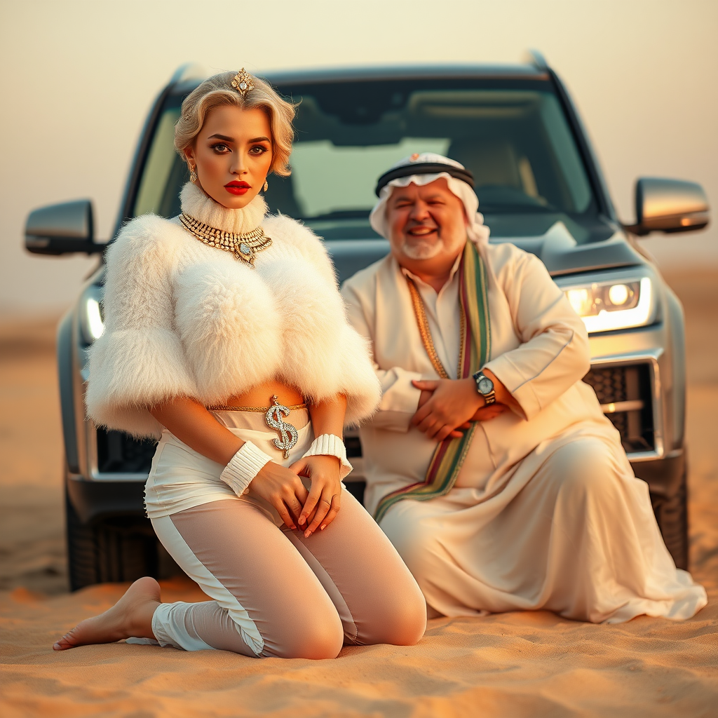 Kuwait desert dunes misty dawn, full size luxury SUV: Melissa, European 17 years old very convincing femboy “trophy-bimbo”, tamed servile docile, very beautiful feminine flawless face, rather short, by hormones very curvaceous womanly figured, platinum blond short tight curls, bold red lips, heavily made-up face, wearing Supertanya-style fluffy very fuzzy bright white angora turtleneck-poncho cropped ending under bust decorated with pearls and gemstones, striking oriental wide gold bridal protection belt, white fully transparent harem pants, full Oriental bridal jewelry with striking headpiece, full Oriental face-jewelry, striking diamond “$$$” letter brooch on left chest, pout frustrated, hands tied behind back, kneeling in sand in front of SUV, looking at camera. Focus on face and turtleneck-poncho. Sitting next embracing Melissa: older overweight mighty sheik laughing.