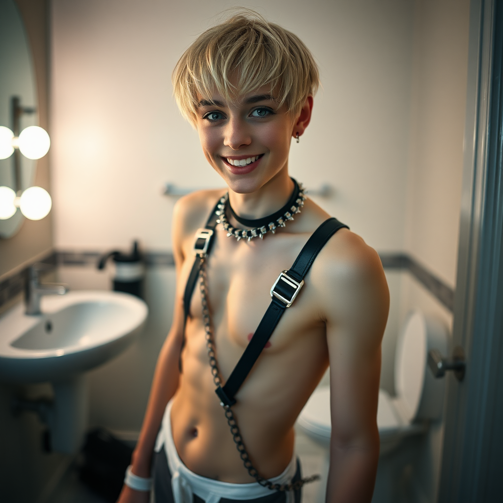 photorealistic, ultra high resolution, 16K, surreal fantasy, studio lighting, a pretty 16 year old goth boy, slim male physique, short blonde hair, goth makeup, earrings, pantyhose, harness, spikey dog collar and leash, trainer-bra, white ballet shoes, in the bathroom, excited smile, facing the camera.