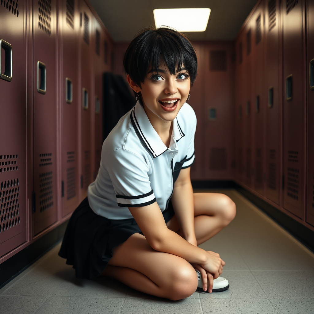 photorealistic, ultra high resolution, 16K, surreal fantasy, soft studio lighting, a pretty 17 year old goth male, slim male physique, short dark hair, blue eyes, goth makeup,  earrings,  sheer pantyhose, UK girls-school uniform, Mary-Jane shoes, kneeling on the floor of the locker room looking up at the camera, excited open mouth smile, drooling saliva, facing the camera.