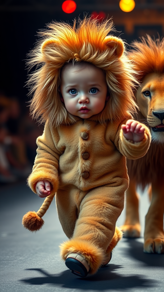 A cute small chubby fair baby with big eyes, pink lips, and pink cheeks wearing a furry cozy lion costume is doing a ramp walk in a fashion show, walking with a real lion while holding a lion with one hand, cinematic.