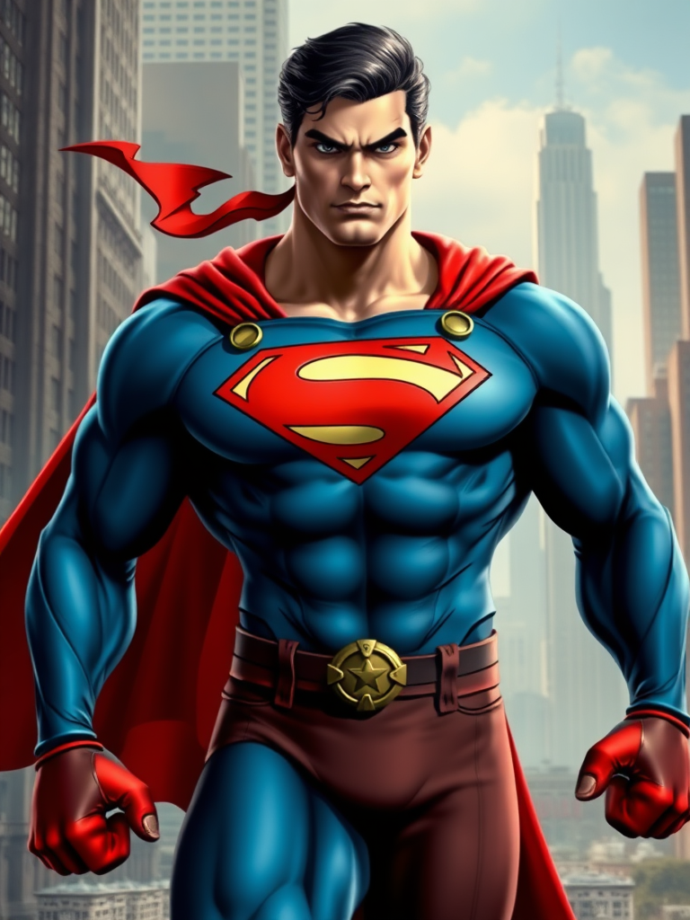 "Create an image of Superman with the body attributes of Cammy from Street Fighter. Retain Superman's original head and face, but modify the body shape to emphasize a lean, muscular torso and long, defined limbs like Cammy's. Keep Superman's core costume, the iconic blue suit and red cape, but add Cammy's green military-style embellishments and red gloves. Set the character in a dynamic cityscape background, merging Metropolis with a slight military training ground influence, to reflect both characters' environments. Highlight the definition in muscles and contrast in costumes."