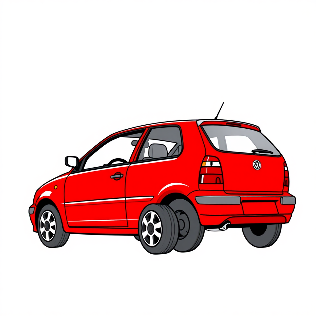 red vw polo II car, driver's door wide open, long establishing shot, 2D, caricature, cartoon, Sketch lines, coloring book, coloring book style on white background, well composed, clean coloring book page, No dither, no gradient, strong outline, No fill, No solids, vector illustration, realistic proportions, blueprint, left side view