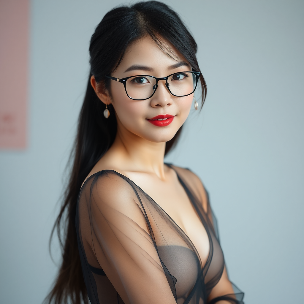 Help me produce a photo, full body shot, Chinese person, a female teacher, graceful figure, sexy, wearing glasses, sheer outfit, around the age of 20 to 30.