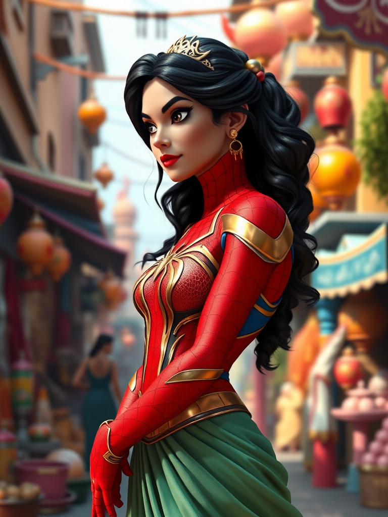 ## FLUX.1 Prompt:

Generate a full-length, photorealistic render of Princess Jasmine with the body type of Spider-Man. Keep Princess Jasmine's head intact. Adjust the body structure and silhouette to match Spider-Man's musculature and male physique. Modify Princess Jasmine's costume to fit the new body type, maintaining its overall style and color scheme. Set the scene in a vibrant Agrabah marketplace, incorporating elements from both Aladdin and Spider-Man universes.