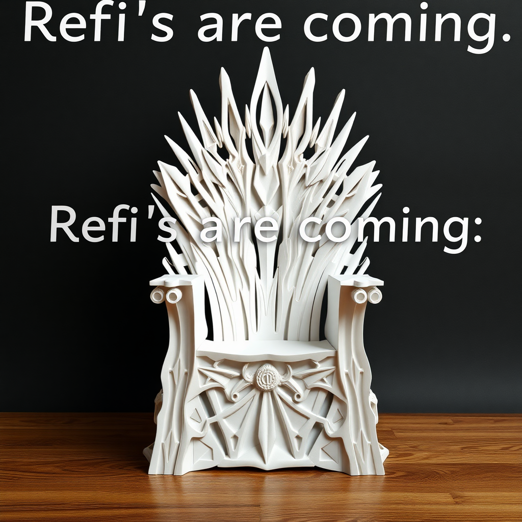 A photorealistic epic action shot of the game of thrones chair made out of white paper. The text in the background says “Refi’s are coming.”