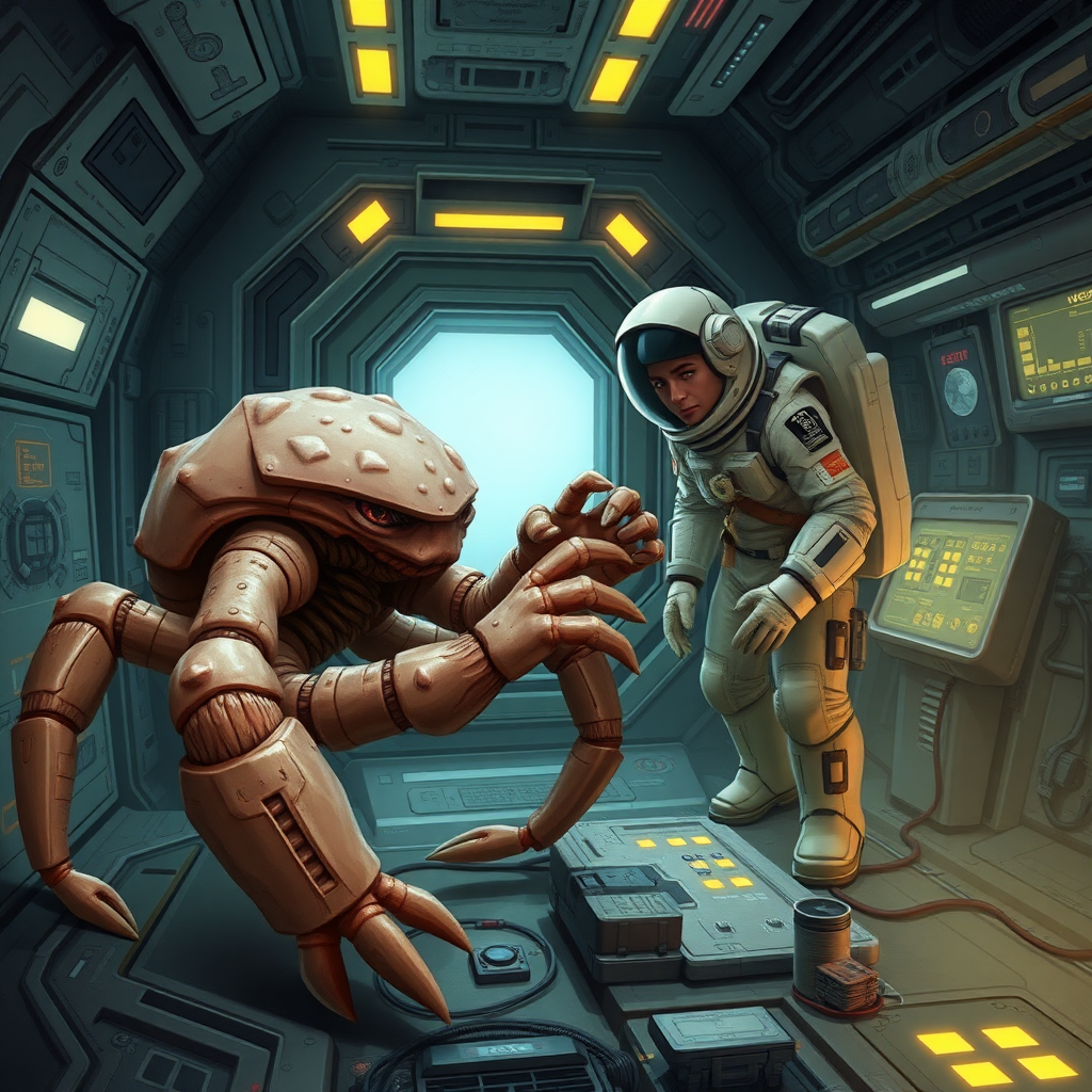 Depict Rocky, an alien from the planet Erid, aboard a high-tech spacecraft, working alongside Ryland Grace. Rocky is a five-legged creature with a crab-like appearance, covered in thick, chitinous armor. Rocky does not have eyes or a head, but his limbs are arranged symmetrically around a central 5-sided body, and each limb ends in a claw-like appendage, which he uses to manipulate tools with precision. His rock-like body contrasts with the smooth, sleek surfaces of the human-designed spaceship. In the background, Ryland Grace, a human astronaut in a futuristic space suit, is observing Rocky as they collaborate on repairing or analyzing a piece of alien technology aboard the ship. The environment should feel claustrophobic yet futuristic, with glowing control panels, tools, and wires scattered around the scene. Rocky’s presence, though alien, conveys a sense of cooperation and intelligence, with both characters focused on their shared task. realistic style