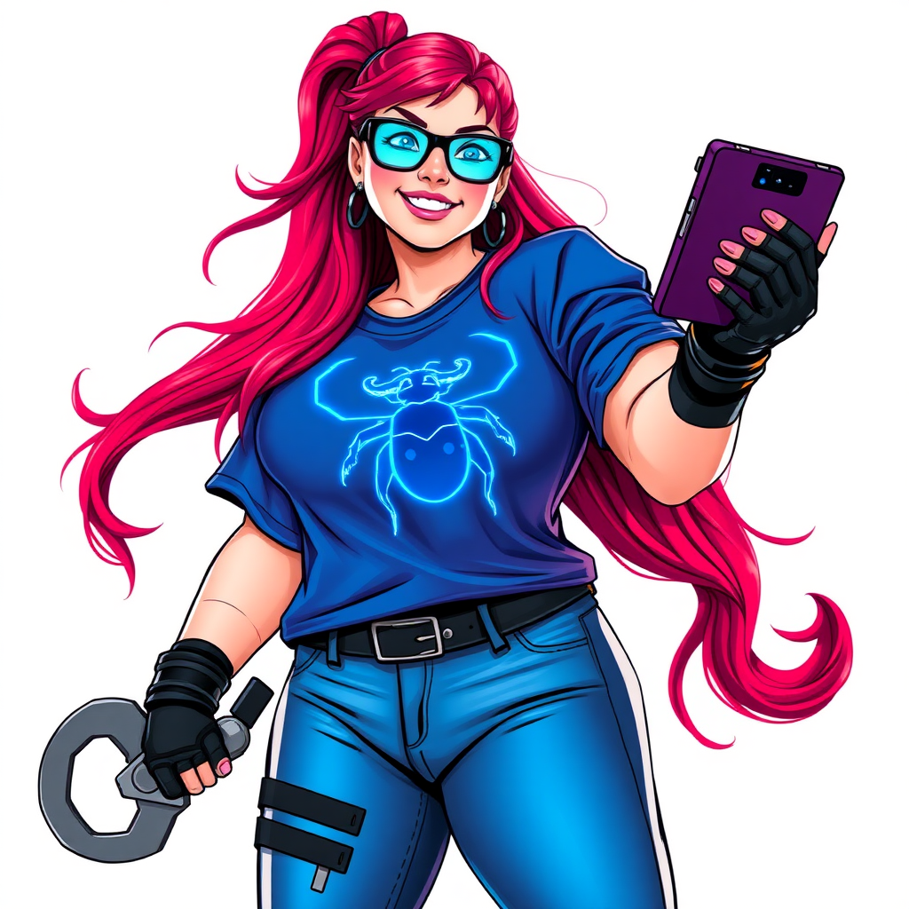 A 28-year-old, full-figured computer hacker and tech wiz, she is the girlfriend of a cyberpunk vigilante. Her long ruby red ponytail, and striking, bright blue eyes make her stand out. Her wrecking ball-sized midsection, sequoia-sized limbs, and broad shoulders define her full figure, which has been heavily pampered by her doting boyfriend. Her nerdiness is blatantly obvious, and she serves as her boyfriend’s tech expert.

As the loyal and supportive sidekick, she plays a crucial role in their missions, using her digital and technological prowess to assist and protect. She wears an oversized maximum blue t-shirt adorned with a glowing neon blue beetle chest icon, black oversized eyeglasses, matching maximum blue biker pants, and black high-tech gloves. She beams with a neon red blush, holding a futuristic wrench and a digital holographic tablet. She is on a solid white background. She is drawn as if she was in a retro 2D cyberpunk fighting game.