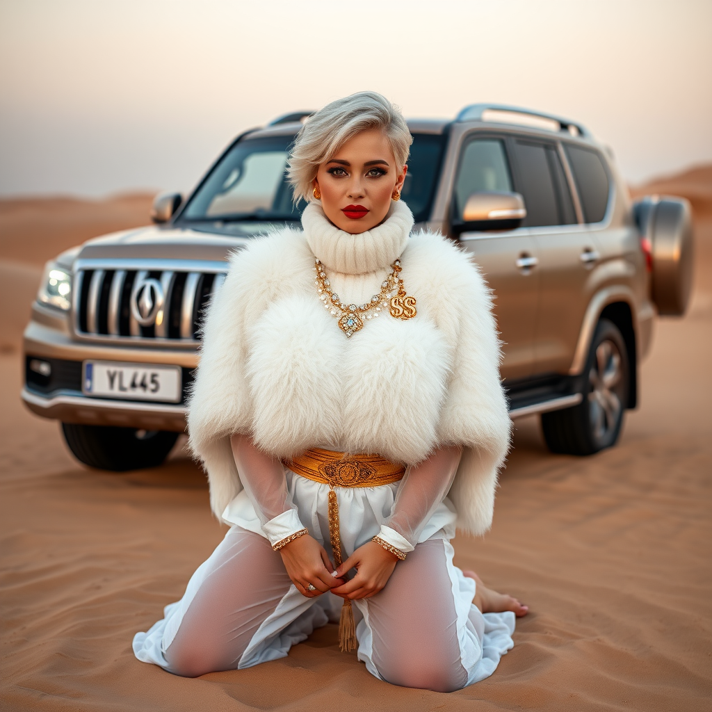 Kuwait desert dunes misty dawn, full size luxury SUV: Melissa, European 17 years old very convincing femboy “trophy-bimbo”, tamed servile docile, very beautiful feminine flawless face, rather short, by hormones very curvaceous womanly figured, platinum blond short tight curls, bold red lips, heavily made-up face, wearing Supertanya-style fluffy very fuzzy bright white angora turtleneck-poncho cropped ending under bust decorated with pearls and gemstones, striking oriental wide gold bridal protection belt, white fully transparent harem pants, full Oriental bridal jewelry, full Oriental face-jewelry, coin anklets, striking diamond “$$$” letter brooch on left chest, pout frustrated, hands tied behind back, kneeling in sand in front of SUV, looking at camera. Focus on face and turtleneck-poncho.