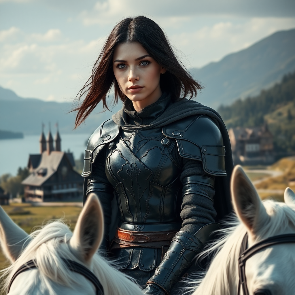 beautiful young woman, dark hair, past her shoulders, blue eyes, small, slim figure, wearing full leather armor suit, long cloak, on a white horse with a large open scenery and beautiful medieval village on a lake.