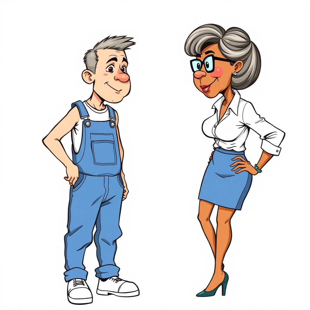 20 year old european skinny boy wearing work overalls is blushing excited while listening to a towering 55 Years old, European, Latina, sharp aquiline nose, wrinkles, high cheekbones, Middle Eastern, Skinny, Tanned skin, Dark light skin, Rounded Medium breasts, Skinny thighs, full Makeup, jewelry, Serious face, Sharp nose, blushing, Ash hair, short bowl haircut, Brown eye color, Glasses, with detailed features. Hands on hips, She is bent over the boy, she is wearing a white shirt and a blue skirt, detailed fabric.  full body, high heels sandals, long establishing shot, 2D, caricature, cartoon, Sketch lines, coloring book, nlack and white, coloring book style on white background, well composed, clean coloring book page, No dither, no gradient, strong outline, No fill, No solids, vector illustration