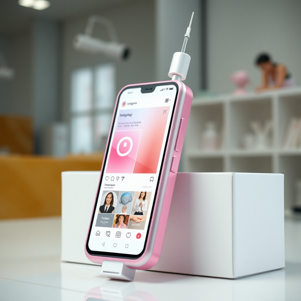 A close-up straight front view of a mobile phone in the shape inspired by a syringe, white pink futuristic, kept for sale leaning to a box, in a showroom, metallic body, touchscreen phone with Instagram page open on screen, needle on top, whitepunk.