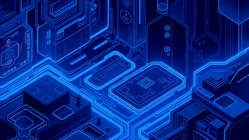 Create a cybernetic background, use dark blue colors, and draw it in isometric view.