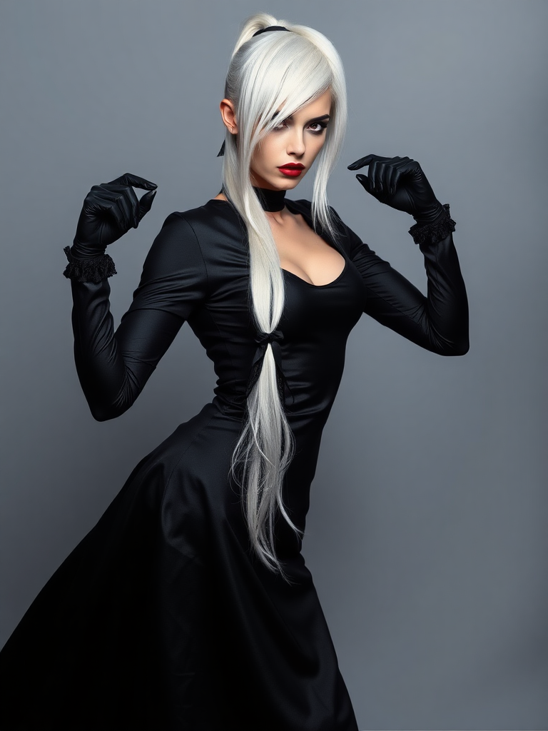 mature adult woman, skinny and tall, long legs, large shoulders, teardrop saggy small breast, long asymmetric undercut layered white hair, side swept bang, long white ponytail tied with a black lace, beautiful detailed face, piercing red eyes with intricate iris details, looking at the camera with a serious expression, wearing gothic style, black silk long sleeve top, black silk long skirt, black pantyhose, black gloves, black ankle boots, standing in a fierce pose with her head held high