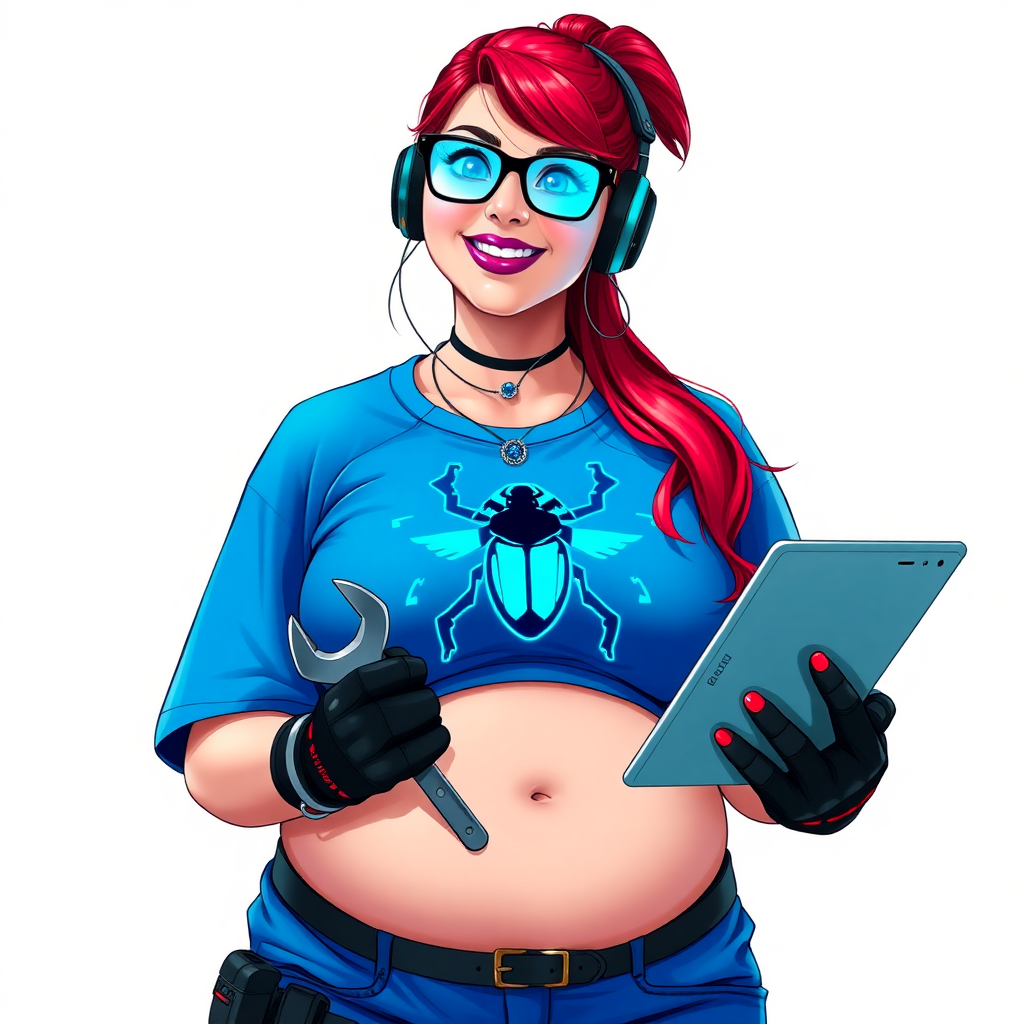 A full-sized, intelligent and tech-savvy 28-year-old computer hacker and tech genius. She has a long ruby red ponytail. She wears maximum blue lipstick, blue eyes, a sapphire beetle gemstone necklace, sapphire earrings, black eyeglasses, hi-tech power gloves, and a gigantic oversized maximum blue t-shirt featuring a neon blue glowing beetle chest icon. She has a full-figured physique with a gargantuan, round midsection, reflecting her well-cared-for lifestyle. She sports a sapphire headset with a hi-tech maximum turquoise lensed HUD, and a beaming smile accentuated by a passionate neon red blush. She serves as his tech expert from his hideout, holding a futuristic tool wrench and a futuristic digital tablet. The background is solid white. She is drawn as if she was in a retro 2D cyberpunk fighting game.