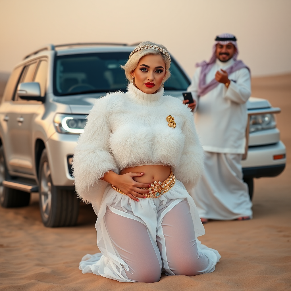 Kuwait desert dunes misty dawn, full size luxury SUV: Melissa, European 17 years old very convincing femboy “trophy-bimbo”, tamed servile docile, very beautiful feminine flawless face, rather short, by hormones very curvaceous womanly figured, platinum blond short tight curls, bold red lips, heavily made-up face, wearing Supertanya-style fluffy very fuzzy bright white angora turtleneck-poncho cropped ending under bust decorated with pearls and gemstones, striking oriental wide gold bridal protection belt, white fully transparent harem pants, full Oriental bridal jewelry with striking headpiece, full Oriental face-jewelry, striking diamond “$$$” letter brooch on left chest, pout frustrated, hands tied behind back, kneeling in sand in front of SUV, looking at camera. Focus on face and turtleneck-poncho. Standing behind leaning against SUV: older overweight mighty sheik laughing taking pictures with mobile phone.