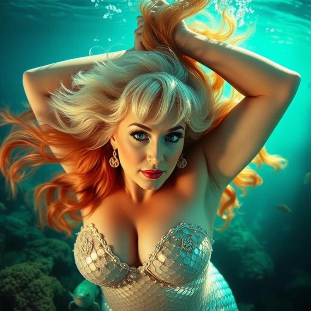 Dolly Parton as a fit and trim mermaid underwater amazing loose flowing hair floating in a nimbus around her beautiful face her arms outstretched languidly over her head. she's looking down into the viewer's eyes making intense eye contact. diaphanous gossamer. Burlesque. Stunning undersea life details plants and fish and other creatures of the sea. Impressive, shining scaled mermaid tail. Amazing HD DSLR photographic output.