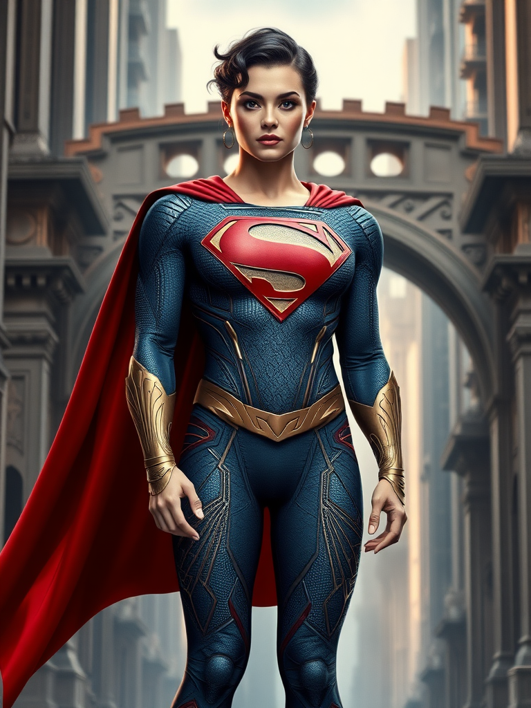 Create a full-length image of Superman, using the female figure of Ochaco Uraraka for the body. Retain Superman's head, hairstyle, and facial features. Combine Superman's costume with embellishments inspired by Ochaco Uraraka, reshaping the outfit to match the new proportions. Design the background by drawing inspiration from elements found in both Superman's Metropolis and Ochaco Uraraka's world, blending architectural and thematic features seamlessly.