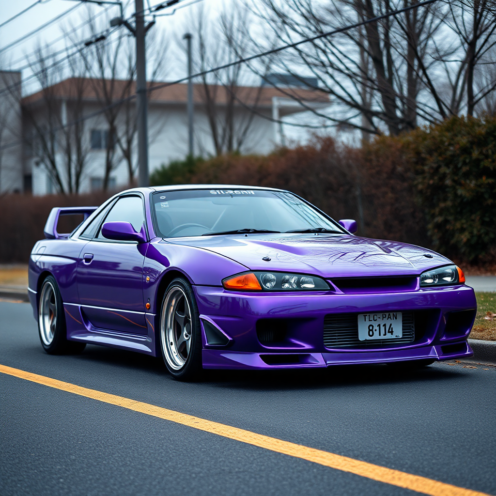 camelonn purple nissan silvia s14 the car is parked on the side of the road, inspired by Taiyō Matsumoto, tumblr, restomod, nd4, c4 cold colors