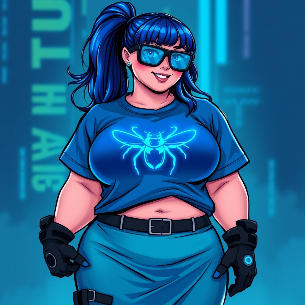 A 28-year-old, full-figured tech genius vigilante, she is the devoted girlfriend and nerdy sidekick of a cyberpunk vigilante. Her maximum blue ponytail and glowing sapphire eyes are striking features. Her prominent, round midsection, gigantic limbs, and broad shoulders define her full figure. As the loyal and supportive sidekick, she plays a crucial role in their missions, using her digital and technological prowess to assist and protect.

She wears an oversized maximum blue t-shirt with a glowing neon blue beetle chest icon, maximum turquoise skirt, and black high-tech shock gloves. Her neon red blush and lovestruck smile are ever-present. Her full figure shows how pampered she is by her doting boyfriend. Her nerdiness is unmistakable, accentuated by her black oversized eyeglasses with maximum turquoise lenses that functions as her eye mask. She serves as her boyfriend’s indispensable crime-fighting partner. She is drawn as if she was in a retro 2D cyberpunk fighting game.