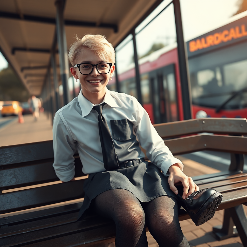 photorealistic, ultra high resolution, 16K, surreal fantasy, soft studio lighting, a pretty 18 year old goth male, slim male physique, short blonde hair, black glasses, goth makeup, earrings, shiny black pantyhose, UK girls-school uniform, Mary-Jane shoes, sitting on his boyfriend's lap on a bench waiting for the school bus, in daylight, excited smile, facing the camera.