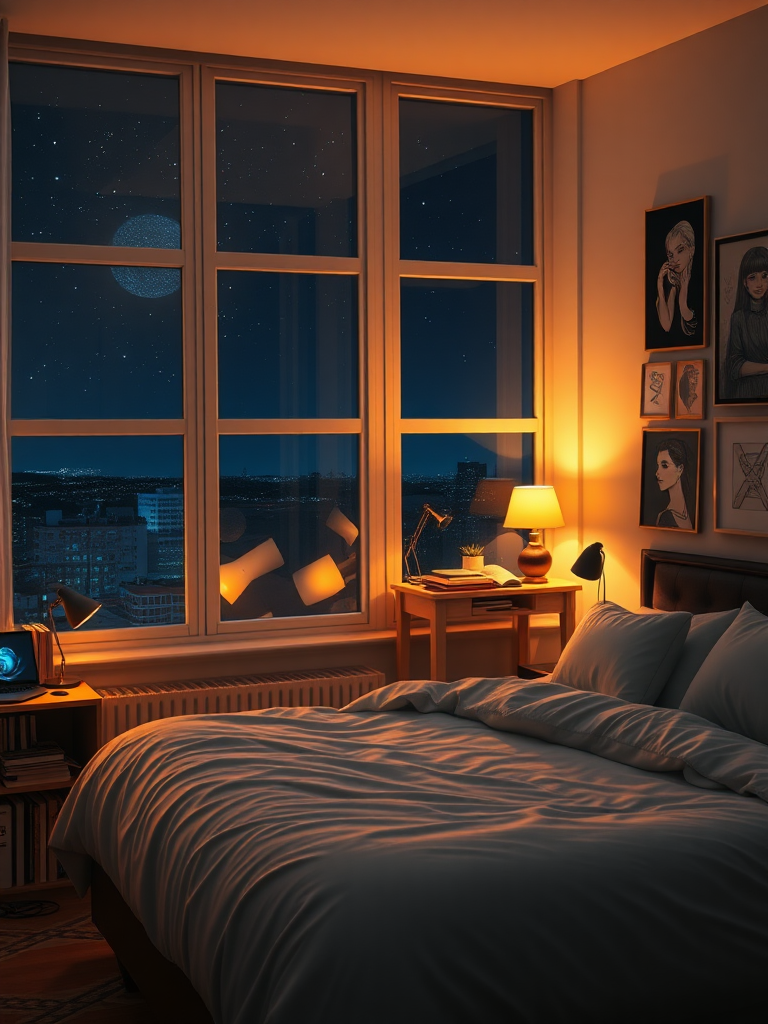 As night falls, a large window reflects the warm light of the room, complementing the starlight outside. Inside, a big bed is adorned with a soft quilt, and on the nightstand sits a laptop that is currently charging. The bedside lamp emits a gentle glow, illuminating the small bookshelf nearby, which is filled with various types of books. In one corner of the room is a workspace, with a desk cluttered with office supplies and decorative items, while art pieces adorn the walls, giving the entire room an atmosphere rich in artistry and life. Realistic, real.