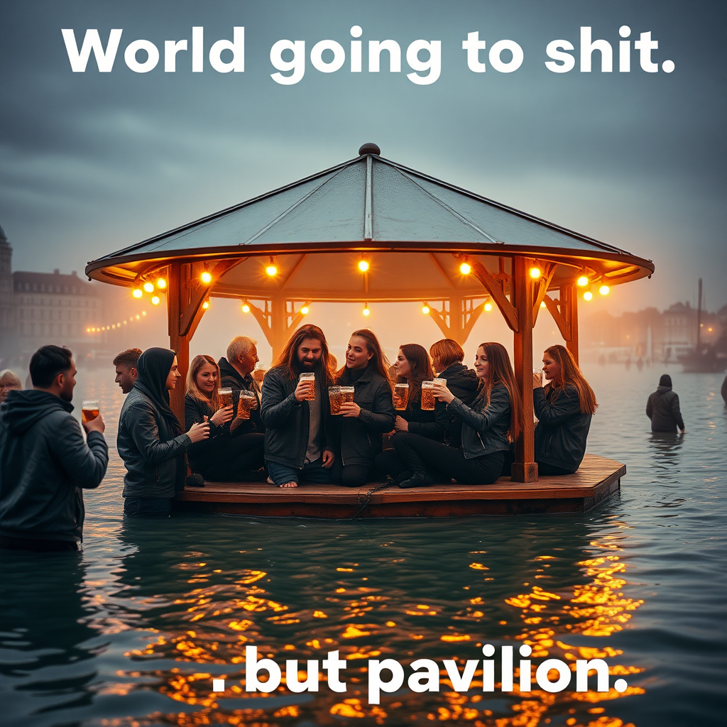 Create an image of a pavilion in a flooded environment and people comically partying on it drinking beer while the world is completely overflooded. Focus on the humorous contrast of the situation. Include the text "World going to shit" at the top and the bottom part should have the text "but pavilion". Make the image the central part of the image with warm glowing colors. Make it so the people's expressions on their faces are visible.

The background scenery should be that of Aarhus, Denmark. The people should mainly have black leather jackets on and long hair.