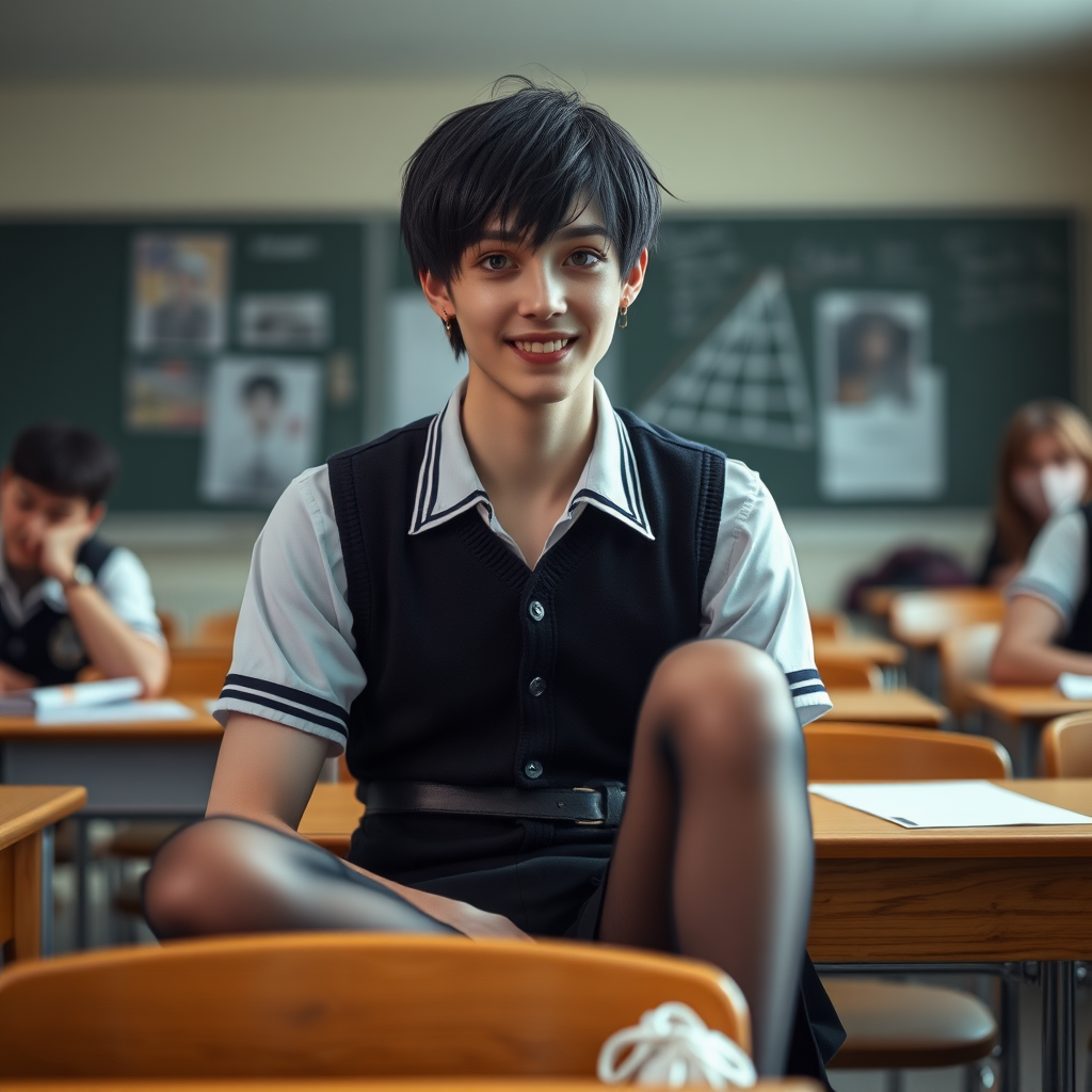 photorealistic, ultra high resolution, 16K, surreal fantasy, soft studio lighting, a pretty 17 year old goth male, slim male physique, short dark hair, blue eyes, goth makeup, earrings, sheer pantyhose, UK girls-school uniform, Mary-Jane shoes, sitting in the classroom, excited smile, facing the camera.