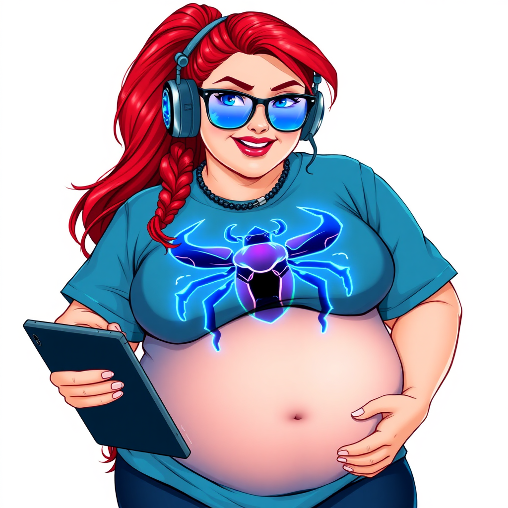 A cyberpunk vigilante’s full-figured intelligent and tech-savvy 29-year-old girlfriend, who is a computer hacker and tech genius. She has a long ruby red ponytail and bright blue eyes. She wears a sapphire beetle gemstone necklace, and an oversized Maximum Blue (RGB 71, 171, 204) t-shirt featuring a giant neon blue glowing icon of a scarab beetle on its chest. She has a full-figured physique with a prominent, gargantuan, round midsection, reflecting her well-cared-for lifestyle. The midsection is heavily emphasized. She sports a sapphire headset with hi-tech Maximum Blue (RGB 71, 171, 204) lensed HUD visor, Maximum Blue (RGB 71, 171, 204) lipstick, black eyeglasses, and a beaming smile with a passionate bright red blush. Despite her figure and a lack of self-esteem, she radiates an air of beauty. She has an angular face which contributes to her radiant beauty. She serves as his tech expert from his hideout, holding a holographic tablet and a hi-tech tool wrench. The background is solid white. She is drawn as if she was in a retro 2D cyberpunk fighting game. Make sure her shirt covers her round midsection.