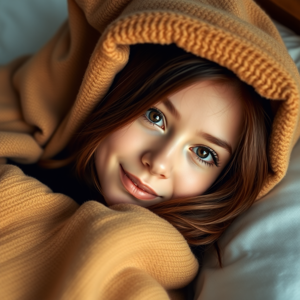 a young woman with brunette hair and brown eyes in a bed covered by a blanket. she looks out under the margin of the blanket. smiling to the photographer. Photo