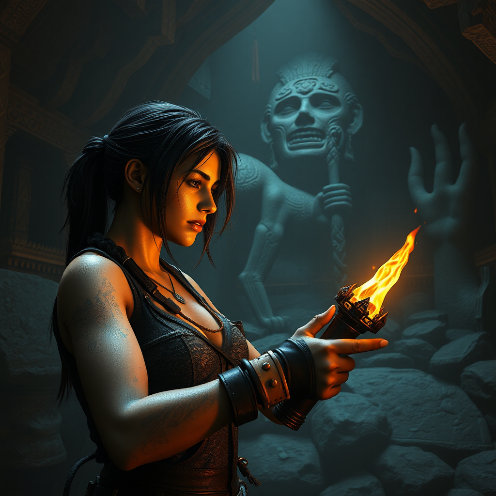 Tomb raider, Unreal engine style, Lara Croft finds an ancient dildo relic.