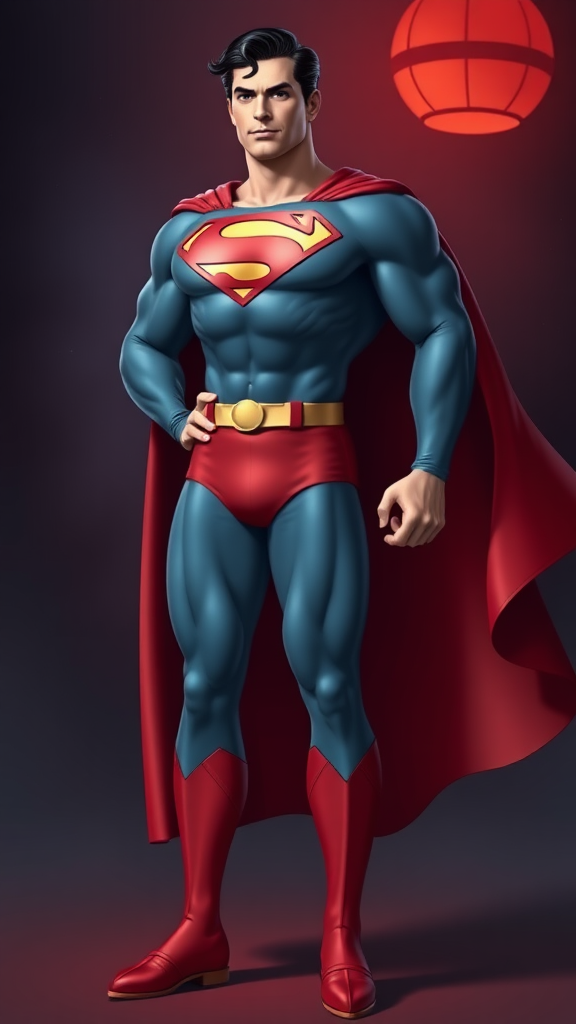 Create a full-length image of Superman, featuring the musculature of Jessica Rabbit and adjusting the body's silhouette to match her curves. Retain Superman's head, hairstyle, and facial features. Add embellishments to his classic costume, altering it to fit the new proportions. Design a background that blends elements from both characters, showcasing iconic attributes that reflect their universes while maintaining harmony and balance in the composition.