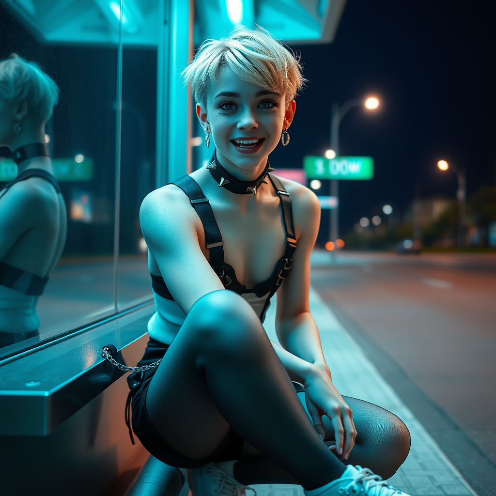 photorealistic, ultra high resolution, 16K, surreal fantasy, studio lighting, a pretty 16 year old goth boy, slim male physique, short blonde hair, goth makeup, earrings, pantyhose, harness, spikey dog collar and leash, trainer-bra, white ballet shoes, sitting at the bus stop, excited smile, facing the camera.