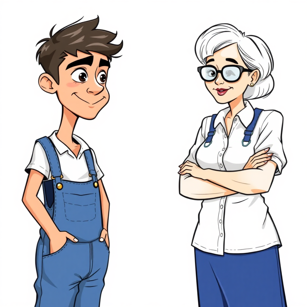 20 year old european skinny boy wearing work overalls is blushing excited while listening to a 55 Years old, European, Latina, sharp aquiline nose, wrinkles, high cheekbones, Middle Eastern, Skinny, Tanned skin, Dark light skin, Rounded Medium breasts, Skinny thighs, full Makeup, jewelry, Serious face, Sharp nose, shocked, blushing, open mouth, horny, Ash hair, short bowl haircut, Brown eye color, Glasses, with detailed features. She is watching the boy, she is wearing a white shirt and a blue skirt, detailed fabric. full body, long establishing shot, 2D, caricature, cartoon, Sketch lines, coloring book, black and white, coloring book style on white background, well composed, clean coloring book page, No dither, no gradient, strong outline, No fill, No solids, vector illustration.