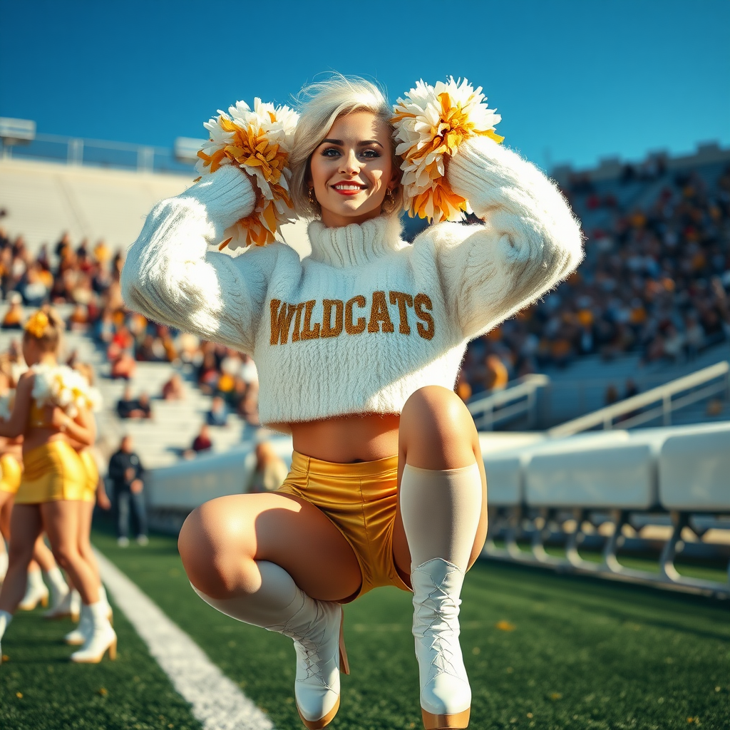 Sunny cold fall noon, college football stadium game, cheerleaders squat: Ana, European 17 years old very convincing femboy “QB’s trophy-bimbo”, tamed servile docile, very beautiful feminine flawless face, rather short boyish figure, platinum blond short tight curls, bold red lips, heavily made-up face, wearing cropped chunky fluffy very fuzzy bright white plushy mohair turtleneck-sweater with “gold “WILDCATS” letters, vinyl gold short shorts, mesh pantyhose, white vinyl thigh-high boots with golden heels, large gold-white pompoms, pearl earrings, pearl belly piercing, striking pearl tongue piercing, cheering loud with pompoms over her head, presenting her assets, trying to attract visitor’s coach.