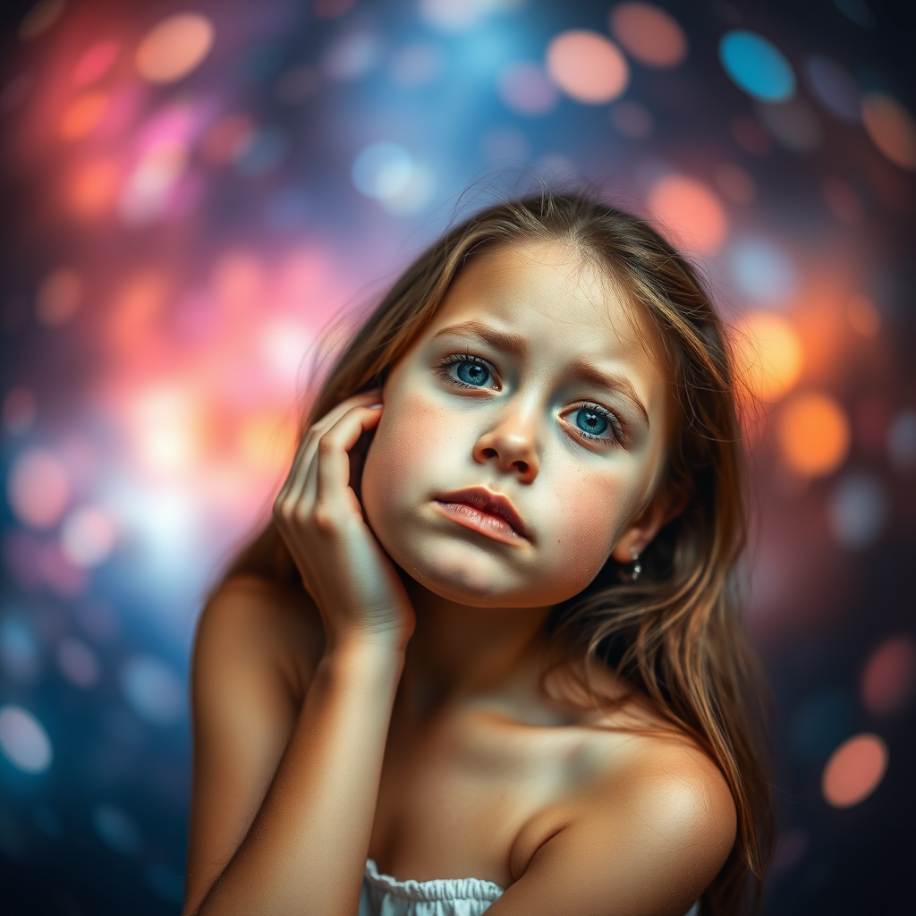 preteen girl in natural pose, relaxed but sad, full body shot, dreamscape, nebula, Bokeh, abstract, brilliant colors, glittering, translucent, iridescent, natural skin, glowing, artistic photo, wide angle, cute, interesting, microscopy, airy, original, experimental, refraction